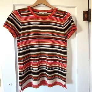 Women's Loft Multi Colored Red Black White Green Stripe Short Sleeve Blouse Top